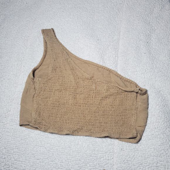 Japna One Shoulder Crop Top Women's Size Medium Tan Beige Rayon Flax Blend - Picture 5 of 8